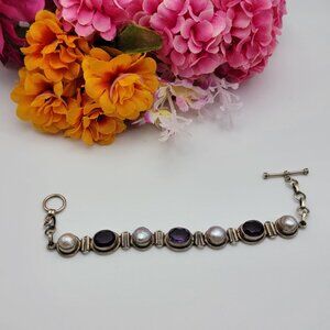 Vintage 925 Sterling Silver Amethyst And Pearl Bracelet 8" Toggle
